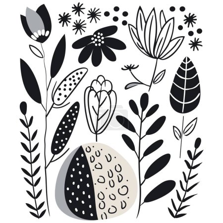 Téléchargez les photos : Illustration en noir et blanc de fleurs et de plantes, fleurs minimalistes, fond printanier simpliste - en image libre de droit