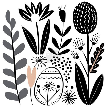 Téléchargez les photos : Illustration en noir et blanc de fleurs et de plantes, fleurs minimalistes, fond printanier simpliste - en image libre de droit