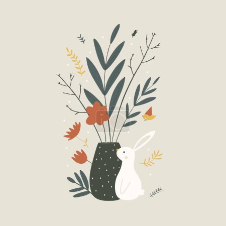 Téléchargez les photos : Illustration vectorielle printanière de fleurs, lapins de Pâques avec oiseaux et plantes, fleurs minimalistes, fond carré saisonnier printanier - en image libre de droit