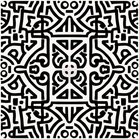 Téléchargez les photos : Un motif géométrique monochrome comportant des rectangles, des cercles et des lignes parallèles sur un fond textile blanc, créant une œuvre d'art visuellement frappante avec symétrie - en image libre de droit