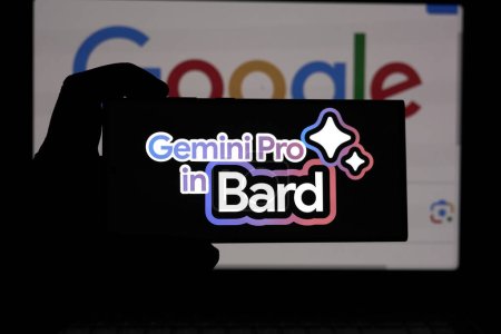 Photo for DALLAS, TX USA - FEBRUARY 1, 2024: Cellphone with a Google Gemini Pro in Bard logo. Users can try Gemini Pro in Bard to collaborate with AI. Bard Advanced will come next year with Gemini Ultra - Royalty Free Image