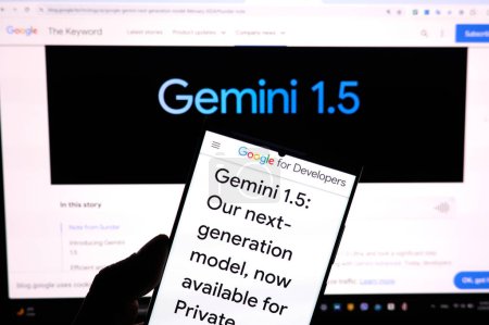 Photo for DALLAS, TX USA - FEBRUARY 19, 2024: A hand holding a cellphone with Google Gemini 1.5 announcement over screen. Google Gemini 1.5 is a next generation large language model developed by Google AI - Royalty Free Image