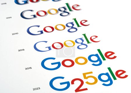 Photo for Dallas, TX USA - February 24, 2024: Google logos from 1998 to 2023, selective focus. Tech giant Google focuses on AI, search, software, and more, from online ads to electronics. - Royalty Free Image