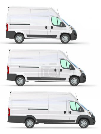 Téléchargez les photos : Fourgonnettes de livraison de différentes tailles et longueurs isolées sur blanc. Illustration 3d - en image libre de droit