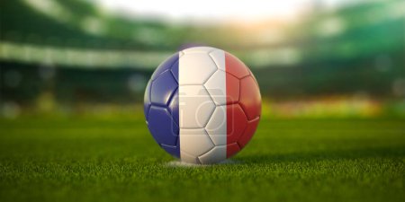 Photo for Football ball with flag of France on the field of football stadium and space for name of football clubs. Football championship of France concept. 3d illustration - Royalty Free Image