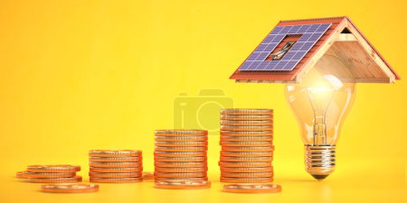 Foto de Montón de monedas y bombilla bajo un techo con paneles solares. Dinero ahorrado mediante el uso de energía solar. ilustración 3d - Imagen libre de derechos