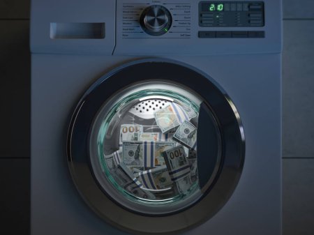 Schmutzige Geldwäsche. Dollarpackungen waschen in der Waschmaschine unter klirrender Nacht. 3D-Illustration