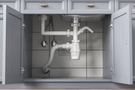 Photo for Siphon and pipes under the sink in the kitchen. 3d illustration - Royalty Free Image