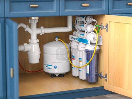 Photo for Reverse osmosis water purification system under sink in a kitchaen.  Water cleaning system installation. 3d illustration - Royalty Free Image