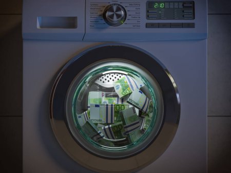 Photo for Dirty money laundering concept. Euro packs laundering in washing machine under clioud of night. 3d illustration - Royalty Free Image
