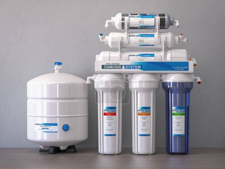 Reverse osmosis water purification system isolaterd on a kitchen table. Water cleaning system. 3d illustration