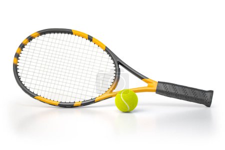 Tennisschläger und Tennisball isoliert auf weißem Hintergrund. 3D-Illustration
