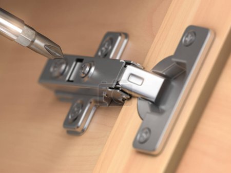 Photo for Cabinet swing door hinge furniture with screwdriver.  Repair of fittings hardware for wardrobe and cupboard. 3d illustration - Royalty Free Image