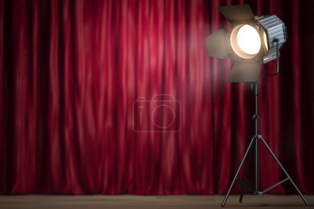 Foto de Proyector de escenario o estudio sobre fondo de cortina roja. Equipos de iluminación para fotografía de estudio o videografía. ilustración 3d - Imagen libre de derechos