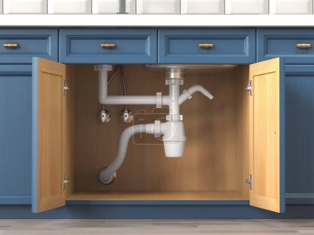 Photo for Siphon and pipes under the sink in the kitchen. 3d illustration - Royalty Free Image