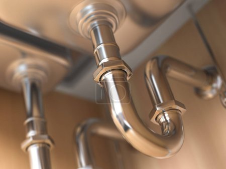 Photo for Metal pipes under the sink in the kitchen. 3d illustration - Royalty Free Image