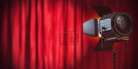 Stage or studio spotlight on red curtain background. Lighting equipment for Studio photography or videography. 3d illustration