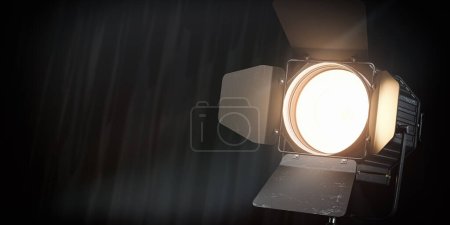 Stage or studio spotlight on black curtain background. Lighting equipment for Studio photography or videography.  3d illustration