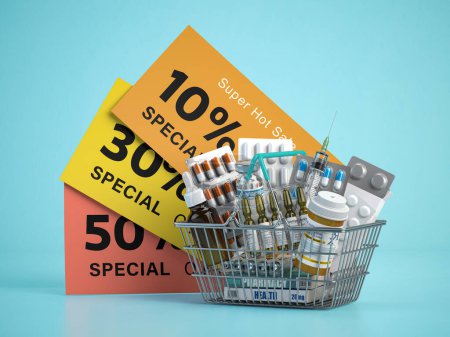 Foto de Venta de medicamentos, píldoras y cápsulas. Productos médicos en una cesta de la compra y folletos para el descuento en fondo azul. ilustración 3d - Imagen libre de derechos
