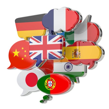 Bulle vocale avec drapeaux. Communications internationales, réseau social, traduction et apprentissage du concept de langues. Illustration 3d