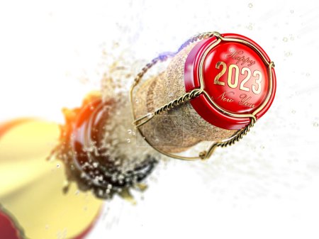 Foto de Feliz año 2023. Botella de champán y corcho de champán con 2023 emergente. ilustración 3d - Imagen libre de derechos