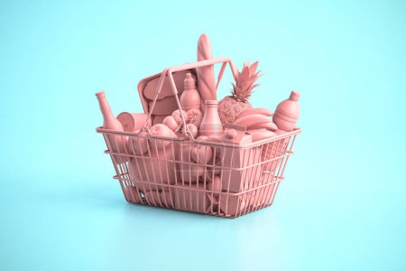 Photo for Pink shopping basket with pink food on blue background. Food buyng online and delivery. 3d illustration - Royalty Free Image