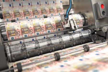 Printing money euro bills on a print machine in typography.. Finance, tax, stock market and investment, making money concept. 3d illustration