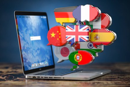 Photo for Global communication, dictionary, translating  and learning languages online app concept. Laptop and speech bubbles with flags. 3d illustration - Royalty Free Image