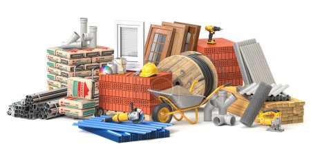 Construction materials and tools isolated on white background. 3d illustration