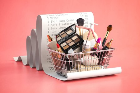 Téléchargez les photos : Cosmetics in shopping basket on a receipt on pink background.  Beauty and make up products sale and purchasing online concept. 3d illustration - en image libre de droit