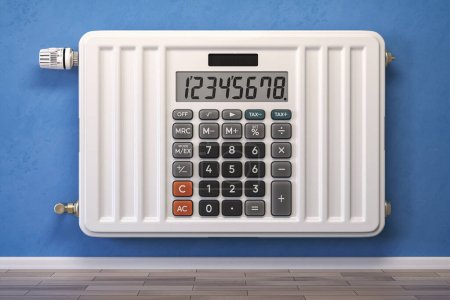 Heating radiator in form of calculator. Saving in heating, calculation energy costs and energy crisis concept. 3d illustration