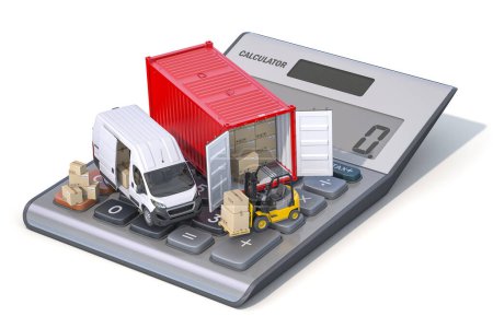 Foto de Calculating od delivery shipping and transportation costs. Van with cardboard boxes and shipping container on calculator. 3d illustration - Imagen libre de derechos