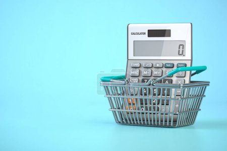 Téléchargez les photos : Calculator in shopping basket. Home budget, savings, inflation and consumerism concept. 3d illustration - en image libre de droit