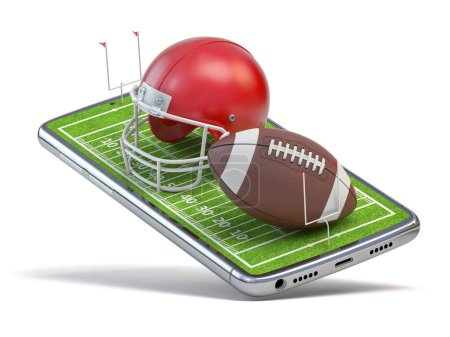 Téléchargez les photos : American football app video game on smartphone.. Mobile phone and american football ball and helmet isolated on white. 3d illustration - en image libre de droit