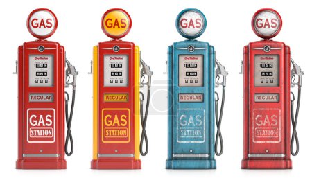 Retro gas fuel pump station isolated on white. 3d illustration