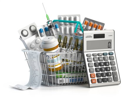 Photo for Shopping basket full of medicine, and pills with calculator. Calculating costs of health care and expensive pharmacy concept. 3d illustration - Royalty Free Image
