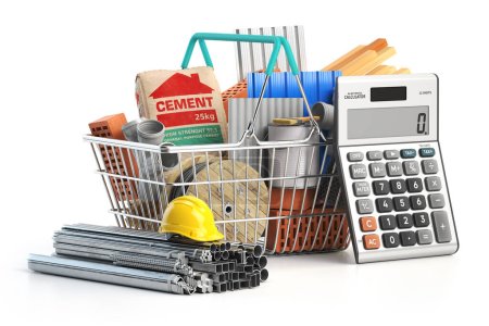 Shopping basket full of construction materials and tools with calculator. Calculating costs of construction and renovation concept. 3d illustration