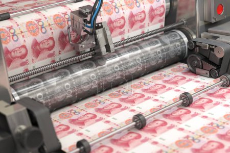 Foto de Impresión de yuanes de dinero de China facturas en una máquina de impresión en tipografía.. Finanzas, impuestos, bolsa de valores y la inversión, haciendo concepto de dinero. ilustración 3d - Imagen libre de derechos