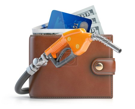 Téléchargez les photos : Portefeuille ou sac à main avec argent, carte de crédit et buse de pompe à essence. Illustration 3d - en image libre de droit