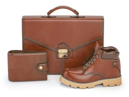 Foto de Leather products, brown briefcase, purse and boot isolated on white. 3d illustration - Imagen libre de derechos