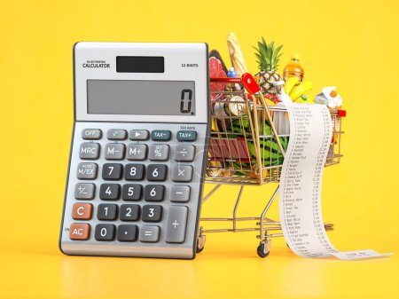 Téléchargez les photos : Shopping cart full of grocery food with receipt and calculator. Home budget, savings, inflation and consumerism concept. 3d illustration - en image libre de droit