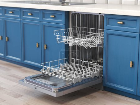 Téléchargez les photos : Ouvrir le lave-vaisselle vide dans la cuisine. Illustration 3d - en image libre de droit