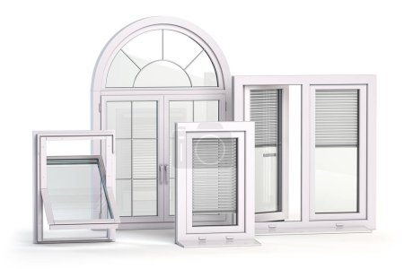 Fenster verschiedener Art isoliert auf weiß. 3D-Illustration