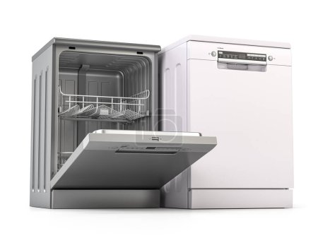 Photo for Dishwasher open and closed isolated on white background. 3d illustration - Royalty Free Image