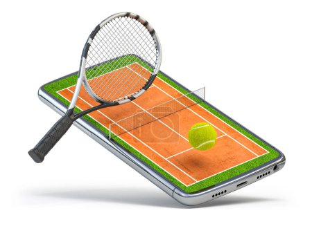 Photo for Tennis app video game on smartphone.. Mobile phone and  ball and racket on tennis court isolated on white. 3d illustration - Royalty Free Image