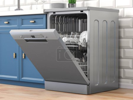 Photo for Open empty dishwasher in kitchen. 3d illustration - Royalty Free Image