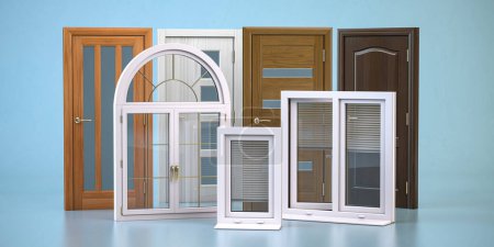 Fenster und Türen verschiedener Art isoliert auf weiß. 3D-Illustration