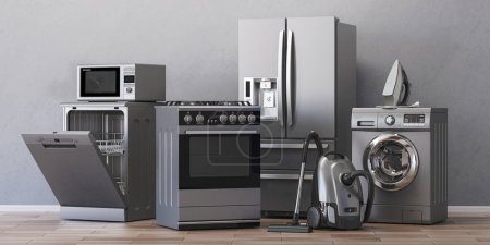 Téléchargez les photos : Home appliances. Household kitchen technics in appartments. .3d illustration - en image libre de droit