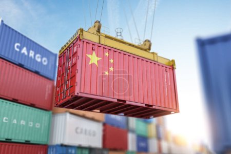 Téléchargez les photos : Cargo shipping container with China flag in a port harbor. Production, delivery, shipping and freight transportation of chinese products concept. 3d illustration - en image libre de droit