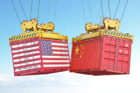 Photo for USA China dtrade war. Cargo shipping contaners with flags of United States and China. 3d illustration - Royalty Free Image